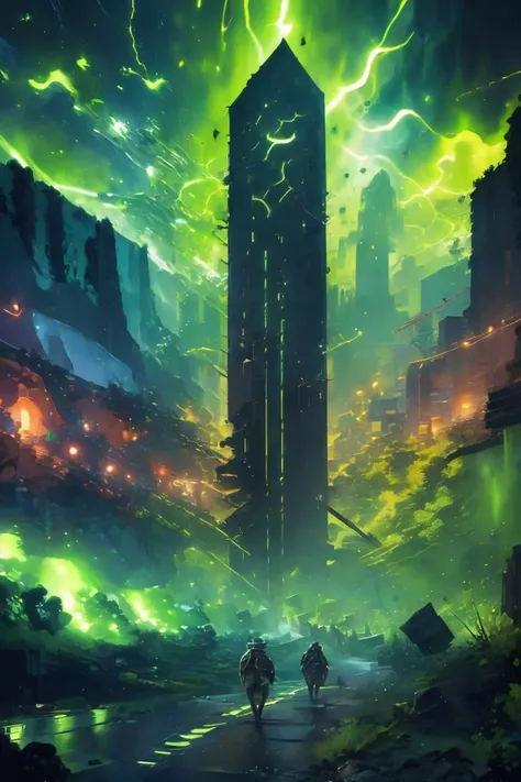 (Ultrarealistic:1.3) ((masterpiece,best quality)), <lora:Necron_Architecture:0.85>, Necron_Architecture, electricity, green glow, green theme