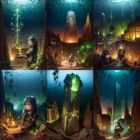 (otherworldly, otherworldly atmosphere, otherworldly appearance), highly insanely detailed, masterpiece, top quality, best quality, highres, 4k, 8k, RAW photo, collar, earrings, jewelry, necklace, armlet,
(long_hair, long hair, random colors cloth, random colors hair, random long hair, dynamic hair, glowing hair, hair over one eye),
(eyelashes, eyeliner, eyeshadow, eyelashes),
pink lipstick,
makeup,
((ancient egyptian theme)), golden ornaments,
1girl, (portrait:0.4), nsfw,
((desert, Mexico, cacti, underwater)),
a grove of mechanical trees swaying to the rhythm of coded breezes, (tranquil:0.6), (serene:0.5),
long messy hair,
1girl, (from above),
<lora:Necron_Architecture:0.7>,
Necron_Architecture, (city, buildings with windows :1.2),
electricity, green glow, green theme, (fantasy world)