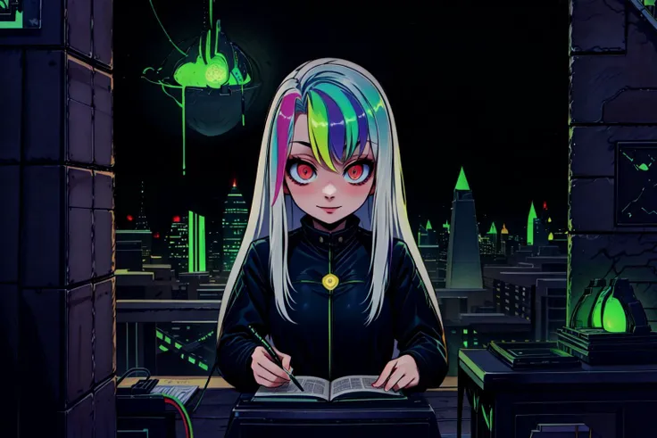 [1girl, Roxy_Citron_OC, solo, red eyes, white hair, rainbow hair, long hair, streaked hair], studying, homework, desk, college_bedroom, quiet, relax, cat, bedroom_window, Necron_Architecture, electricity, green_glow, green_theme, ultra-detailed), (masterpiece), (best_quality), (cinematic_lighting), (vibrant_colors)