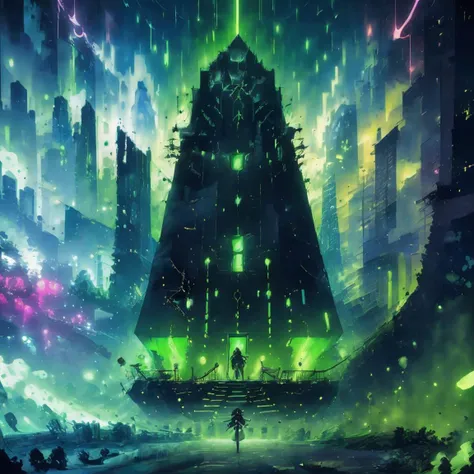 ((masterpiece,best quality)),
<lora:Necron_Architecture:0.85>,
Necron_Architecture,  (city, buildings with windows :1.2),
electricity, green glow, green theme, 
a photo of a woman,