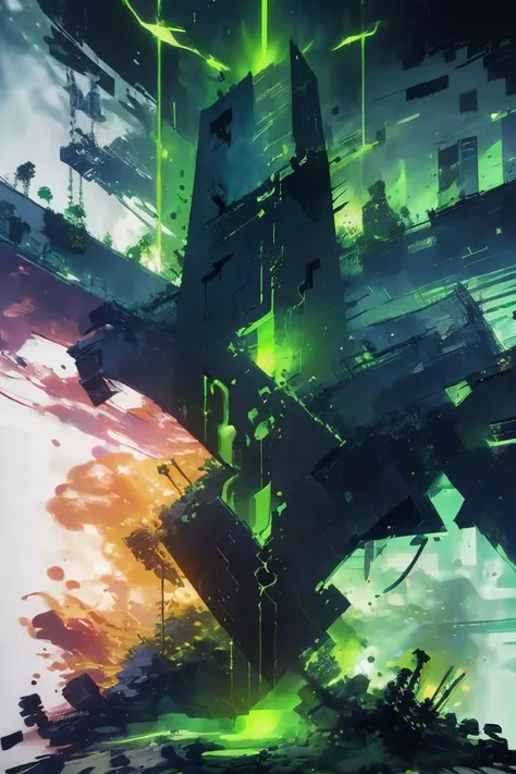 (Cel shading:1.3) ((masterpiece,best quality)), <lora:Necron_Architecture:0.85>, Necron_Architecture, electricity, green glow, green theme