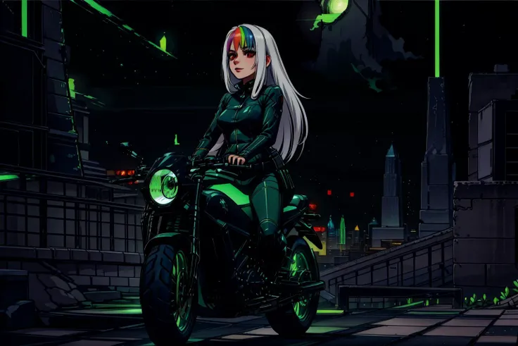 [1girl, Roxy_Citron_OC, solo, red eyes, white hair, rainbow hair, long hair, streaked hair], riding_motorbike, speed, motion_blur, streaming_hair, traffic, weaving, Necron_Architecture, electricity, green_glow, green_theme, dynamic_pose, cowboy_shot, ultra-detailed), (masterpiece), (best_quality), (cinematic_lighting), (vibrant_colors)