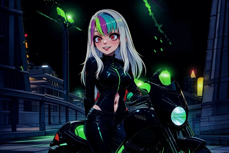 [1girl, Roxy_Citron_OC, solo, red eyes, white hair, rainbow hair, long hair, streaked hair], riding_motorbike, speed, motion_blur, streaming_hair, traffic, weaving, Necron_Architecture, electricity, green_glow, green_theme, dynamic_pose, cowboy_shot, ultra-detailed), (masterpiece), (best_quality), (cinematic_lighting), (vibrant_colors)