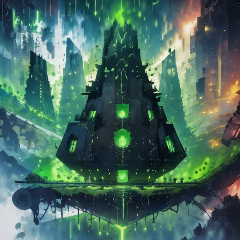 ((masterpiece,best quality)),
<lora:Necron_Architecture:0.85>,
Necron_Architecture, (city, buildings with windows :1.2),
electricity, green glow, green theme,