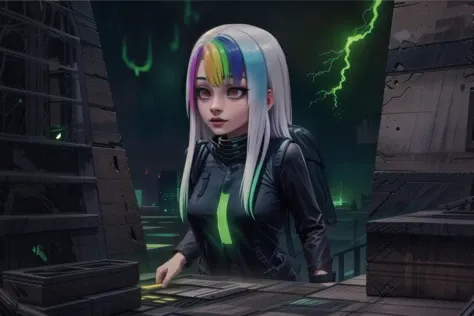 [1girl, Roxy_Citron_OC, solo, red eyes, white hair, rainbow hair, long hair, streaked hair], university_campus, backpack, text_books, Necron_Architecture, electricity, green_glow, green_theme, ultra-detailed), (masterpiece), (best_quality), (cinematic_lighting), (vibrant_colors)
