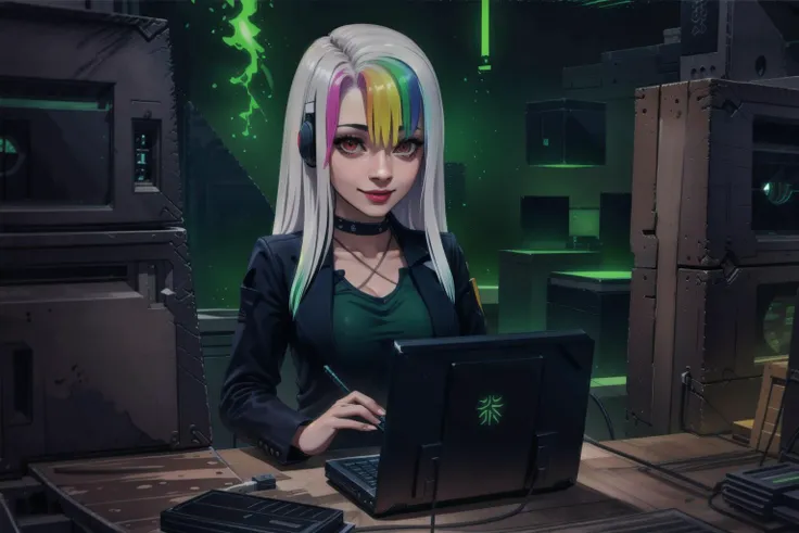 [1girl, Roxy_Citron_OC, solo, red eyes, white hair, rainbow hair, long hair, streaked hair], office, computer, headset, professional_smile, customer_services, business_suit, stock_photo, Necron_Architecture, electricity, green_glow, green_theme, ultra-detailed), (masterpiece), (best_quality), (cinematic_lighting), (vibrant_colors)