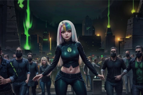 [1girl, Roxy_Citron_OC, solo, red eyes, white hair, rainbow hair, long hair, streaked hair], rave, party, dance, crowd, fog, mist, music, celebration, Necron_Architecture, electricity, green_glow, green_theme, ultra-detailed), (masterpiece), (best_quality), (cinematic_lighting), (vibrant_colors)