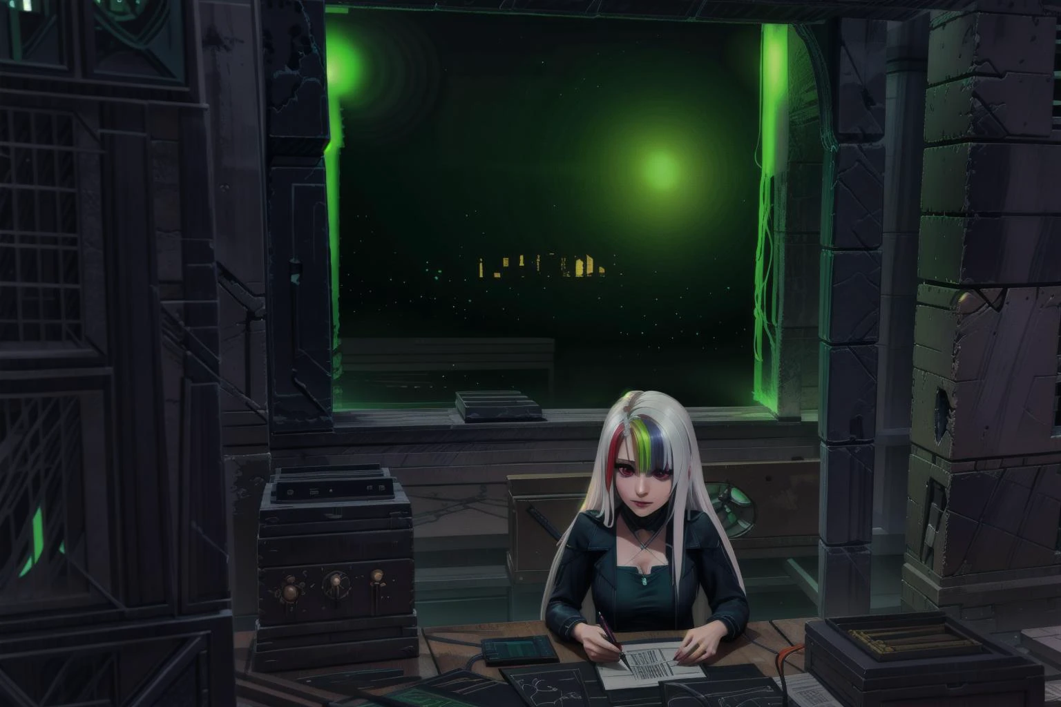 [1girl, Roxy_Citron_OC, solo, red eyes, white hair, rainbow hair, long hair, streaked hair], studying, homework, desk, college_bedroom, quiet, relax, cat, bedroom_window, Necron_Architecture, electricity, green_glow, green_theme, ultra-detailed), (masterpiece), (best_quality), (cinematic_lighting), (vibrant_colors)
