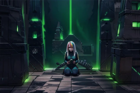 [1girl, Roxy_Citron_OC, solo, red eyes, white hair, rainbow hair, long hair, streaked hair], university_campus, backpack, text_books, Necron_Architecture, electricity, green_glow, green_theme, ultra-detailed), (masterpiece), (best_quality), (cinematic_lighting), (vibrant_colors)