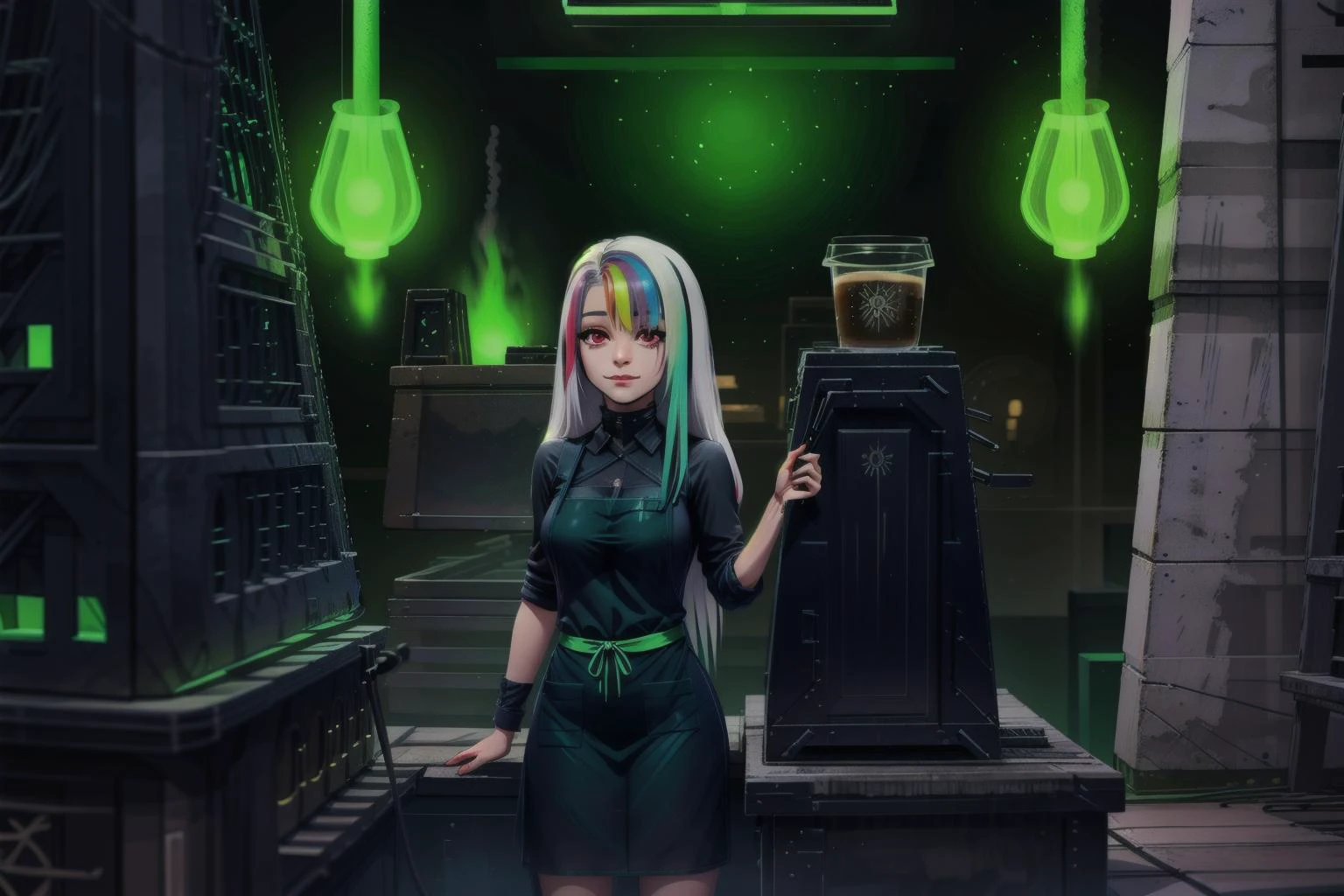[1girl, Roxy_Citron_OC, solo, red eyes, white hair, rainbow hair, long hair, streaked hair], coffee_shop, green_apron, barista, Necron_Architecture, electricity, green_glow, green_theme,