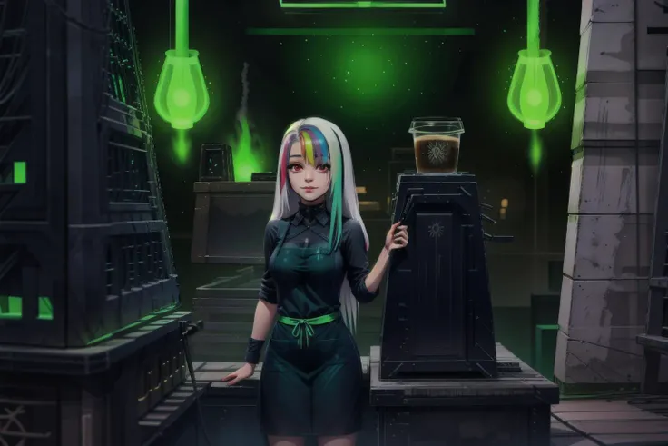 [1girl, Roxy_Citron_OC, solo, red eyes, white hair, rainbow hair, long hair, streaked hair], coffee_shop, green_apron, barista, Necron_Architecture, electricity, green_glow, green_theme,