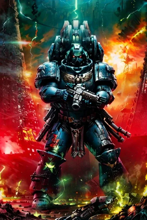 [ultramarine, power armor, holding weapon, armor, helmet, holding gun, male focus, shoulder armor, full body, pauldrons, fighting pose, firing gun, red eyes, multiple boys, primaris, mouth mask, fighting], desert, ruins, hallway, ruined_city, lost_technology, Necron_Architecture, electricity, green_glow, green_theme, comic_style, by Garth Ennis, thick_lines, hand_colored, dynamic_pose, ultra-detailed), (masterpiece), (best_quality), (cinematic_lighting), (vibrant_colors)