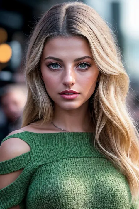 photo of beautiful (3lianajones:0.99), a woman with beautiful blonde hair, as a movie star in a (movie premiere), premiere gala, (near a movie theatre), natural skin texture, (elegant green sweater off-shoulder), (suspenders:1.1), 24mm, 4k textures, soft cinematic light, adobe lightroom, photolab, hdr, intricate, elegant, highly detailed, sharp focus, ((((cinematic look)))), soothing tones, insane details, intricate details, hyperdetailed, low contrast, soft cinematic light, exposure blend, hdr, faded, (paparazzi in background), (painted lips:1.1), ((looking at viewer:1.1))