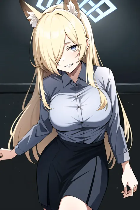 <lora:Ogata Kanna:0.8>, (masterpiece, best quality:1), 1girl, solo, ogata kanna, long hair, animla ears, collared shirt, skirt, halo,hair over one eye, animal ear fluff, blonde hair, sharp teeth, looking at viewer, breast, smile