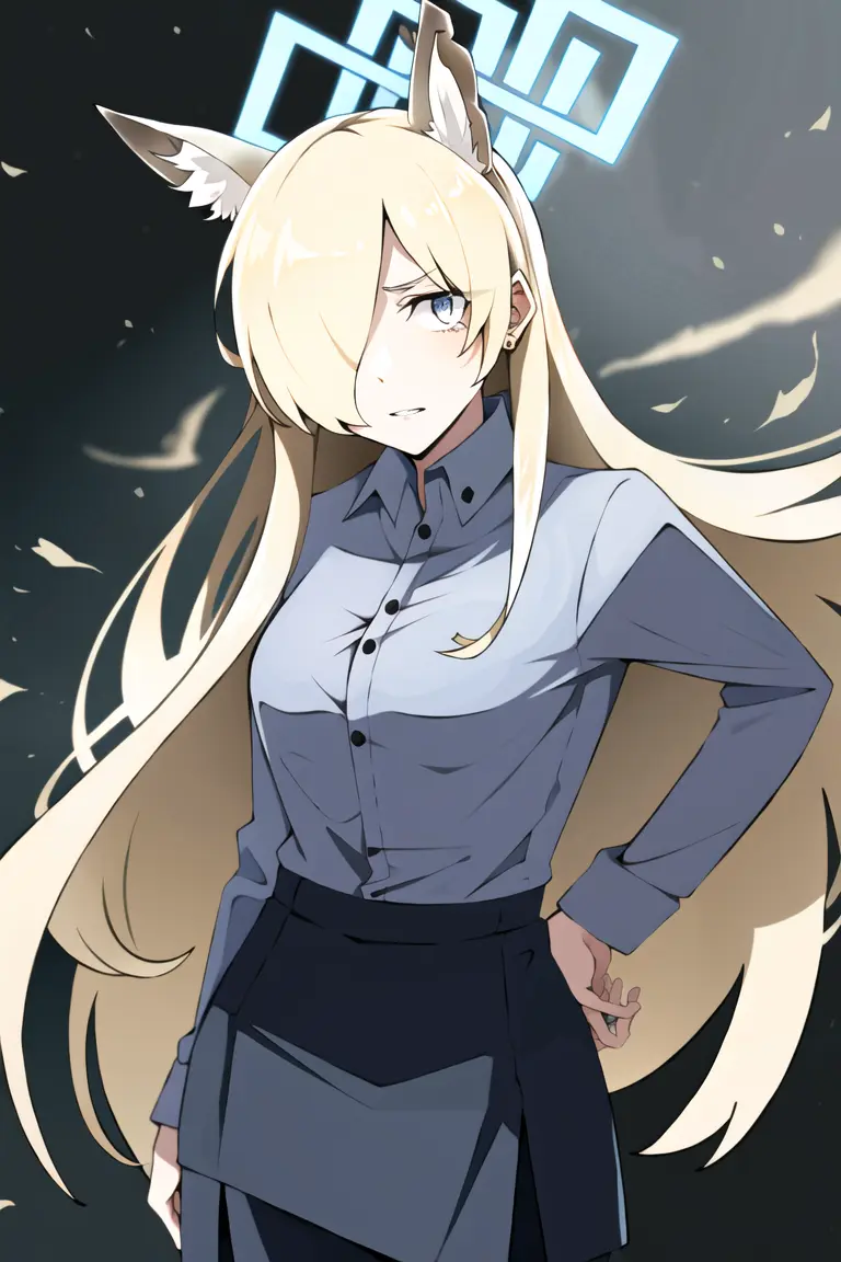 <lora:Ogata Kanna:1>, (masterpiece, best quality:1), 1girl, solo, ogata kanna, long hair, animla ears, shirt, skirt, halo,hair over one eye, animal ear fluff, blonde hair