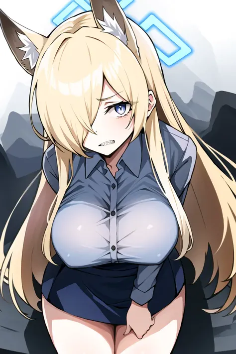 <lora:Ogata Kanna:0.8>, (masterpiece, best quality:1), 1girl, solo, ogata kanna, long hair, animla ears, collared shirt, skirt, halo,hair over one eye, animal ear fluff, blonde hair, sharp teeth, looking at viewer, breast