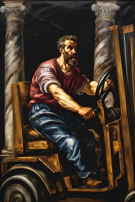 <lora:Tintoretto Style:1>Tintoretto Style - create an ancient painting in Tintoretto syle, that depict a man driving forklift