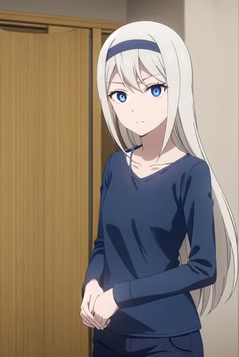 keishirogane, <lora:kei shirogane s3-lora-nochekaiser:1>,
kei shirogane, long hair, blonde hair, blue eyes, white hair, hairband,
BREAK shirt, long sleeves, blue shirt, pants, yellow pants, collarbone,
BREAK indoors, classroom,
BREAK looking at viewer, (cowboy shot:1.5),
BREAK <lyco:GoodHands-beta2:1>, (masterpiece:1.2), best quality, high resolution, unity 8k wallpaper, (illustration:0.8), (beautiful detailed eyes:1.6), extremely detailed face, perfect lighting, extremely detailed CG, (perfect hands, perfect anatomy),