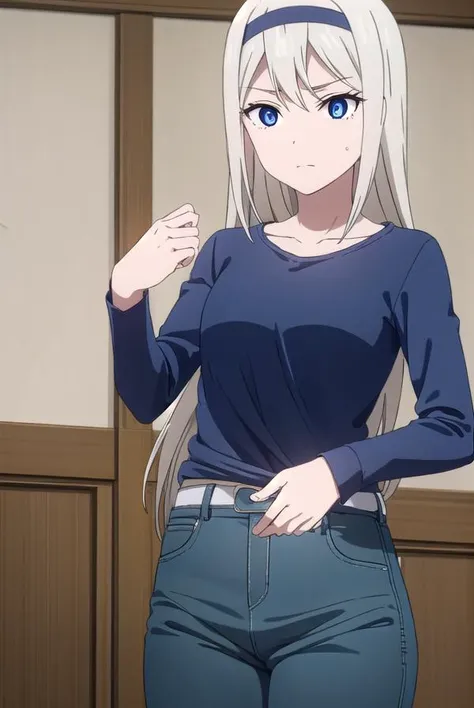 keishirogane, <lora:kei shirogane s3-lora-nochekaiser:1>,
kei shirogane, long hair, blonde hair, blue eyes, white hair, hairband,
BREAK shirt, long sleeves, blue shirt, pants, yellow pants, collarbone,
BREAK indoors, classroom,
BREAK looking at viewer, (cowboy shot:1.5),
BREAK <lyco:GoodHands-beta2:1>, (masterpiece:1.2), best quality, high resolution, unity 8k wallpaper, (illustration:0.8), (beautiful detailed eyes:1.6), extremely detailed face, perfect lighting, extremely detailed CG, (perfect hands, perfect anatomy),