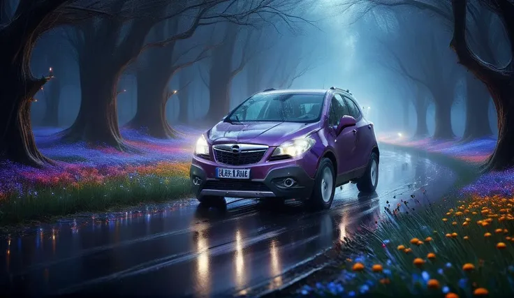 night, picture (amethyst with pearls) of a bewitching perspective of the Opel_Mokka_2012 car in a field of flowers, (rushes through the night: 1.2), a beautiful starry sky with blue backlight, strong lightning, (a direct beam of headlights pierces the thick fog: 1.4), an ideal ADDITIONAL COMBINATION of colors, decorated with luminous lights and bright fantastic intricate colors. shimmering reflections on a wet road, distant haze, cinematic, inspiring atmosphere, highlighting shapes, creating depth, drama, storytelling through shadows, contour color + light, photorealistic music album cover, vibrant psychedelic colors, streaming, Greg Rutkowski, high detail, high 8k detail quality, meadow Painstaking attention to detail (use Dream Diffusion secret tip)<lora:add-detail-xl:1> <lora:Opel_Mokka_2012:1> <lora:DonMP41n717Bl4ckXL:1.1> DonMP41n717Bl4ckXL <lora:Lightning_SDXL:0.8>