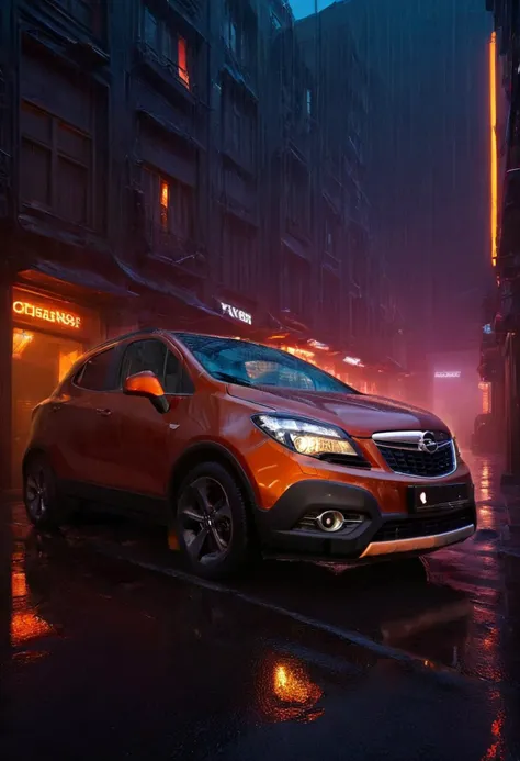 Transport yourself to a futuristic cityscape at night with neon lights reflecting off the wet pavement. In cyberpunk car orange Opel_Mokka_2012, the perfect ADDITIONAL COMBINATION of colors, decorated with glowing lights and bright colors. Capture the bright city lights, shimmering reflections on the wet road, and colorful neon signs in the background, haze in the distance, cinematic, inspiring atmosphere, highlighting forms, creating depth, drama, storytelling through shadows, color + light contour ltctr <lora:add-detail-xl:1> <lora:Opel_Mokka_2012:1> <lora:light_contour_sdxl:1> <lora:DonMP41n717Bl4ckXL:1> DonMP41n717Bl4ckXL