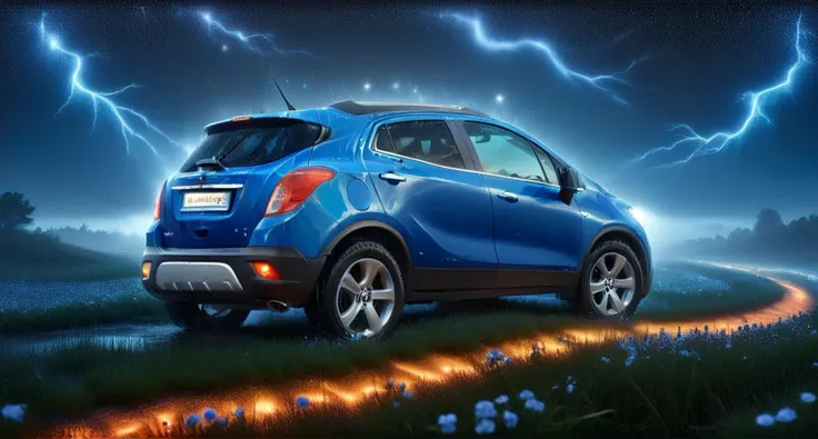 painting of (orange with pearl) Opel_Mokka_2012 car in a field of flowers, (night:1.2), beautiful starry sky with blue backlight, strong lightning, headlights on shining through the fog, very very beautiful furry art, photorealistic music album cover, bright psychedelic colors, twitch streaming, Greg Rutkowski, highly detailed, 8k high quality detail, oil painting, meadow Painstaking attention to detail (use secret Dream Diffusion tip), perfect EXTRA color combination, (decorated with glowing lights and vibrant colors:1.2). Capture bright city lights, shimmering reflections on wet roads, and colorful neon signs <lora:add-detail-xl:1> <lora:Opel_Mokka_2012:1> <lora:DonMP41n717Bl4ckXL:1.1> DonMP41n717Bl4ckXL <lora:Lightning_SDXL:1> mad-lgthng, lightning