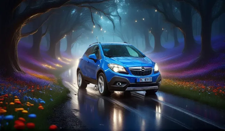 night, picture (amethyst with pearls) of a bewitching perspective of the Opel_Mokka_2012 car in a field of flowers, (rushes through the night: 1.2), a beautiful starry sky with blue backlight, strong lightning, (a direct beam of headlights pierces the thick fog: 1.4), an ideal ADDITIONAL COMBINATION of colors, decorated with luminous lights and bright fantastic intricate colors. shimmering reflections on a wet road, distant haze, cinematic, inspiring atmosphere, highlighting shapes, creating depth, drama, storytelling through shadows, contour color + light, photorealistic music album cover, vibrant psychedelic colors, streaming, Greg Rutkowski, high detail, high 8k detail quality, meadow Painstaking attention to detail (use Dream Diffusion secret tip)<lora:add-detail-xl:1> <lora:Opel_Mokka_2012:1> <lora:DonMP41n717Bl4ckXL:1.1> DonMP41n717Bl4ckXL <lora:Lightning_SDXL:0.8>