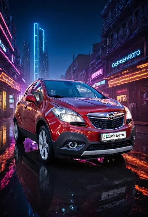 Transport yourself to a futuristic cityscape at night with neon lights reflecting off the wet pavement. In cyberpunk style Opel_Mokka_2012, the perfect ADDITIONAL COMBINATION of colors, decorated with glowing lights and bright colors. Capture the bright city lights, shimmering reflections on the wet road, and colorful neon signs in the background <lora:add-detail-xl:1> <lora:Opel_Mokka_2012:1> <lora:light_contour_sdxl:1> ltctr, color + light contour