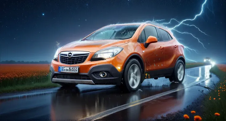 painting (orange with pearls) of the Opel_Mokka_2012 car in a field of flowers, (night:1.2), a beautiful starry sky with blue backlight, strong lightning, (лÑÑ ÑÐ°Ñ Ð¿ÑÐ¾Ð½Ð·Ð°ÐµÑ Ð³ÑÑÑой ÑÑман:1.3), a perfect ADDITIONAL COMBINATION of colors, decorated with glowing lights and bright colors. shimmering reflections on a wet road, distant haze, cinematic, inspiring atmosphere, highlighting shapes, creating depth, drama, storytelling through shadows, color + light contouring ltctr, photorealistic music album cover, vibrant psychedelic colors, streaming, Greg Rutkowski, high detail, high 8k detail quality, meadow Painstaking attention to detail (use Dream Diffusion secret tip), shimmering reflections on wet road<lora:add-detail-xl:1> <lora:Opel_Mokka_2012:1> <lora:DonMP41n717Bl4ckXL:1.1> DonMP41n717Bl4ckXL <lora:Lightning_SDXL:1> mad-lgthng, lightning