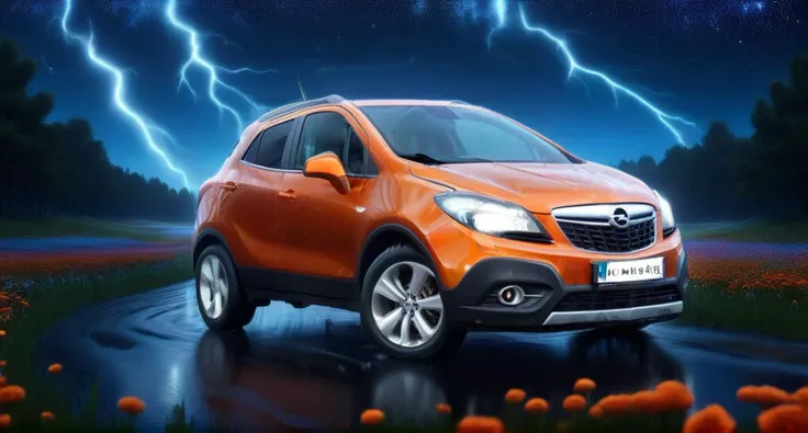 painting of (orange) Opel_Mokka_2012 car in a field of flowers, (night:1.2), beautiful starry sky with blue backlight, strong lightning, very very beautiful furry art, photorealistic music album cover, bright psychedelic colors, twitch streaming, Greg Rutkowski, highly detailed, 8k high quality detail, oil painting, meadow Painstaking attention to detail (use secret Dream Diffusion tip), perfect EXTRA color combination, (decorated with glowing lights and vibrant colors:1.2). Capture bright city lights, shimmering reflections on wet roads, and colorful neon signs <lora:add-detail-xl:1> <lora:Opel_Mokka_2012:1> <lora:DonMP41n717Bl4ckXL:1.1> DonMP41n717Bl4ckXL <lora:Lightning_SDXL:1> mad-lgthng, lightning