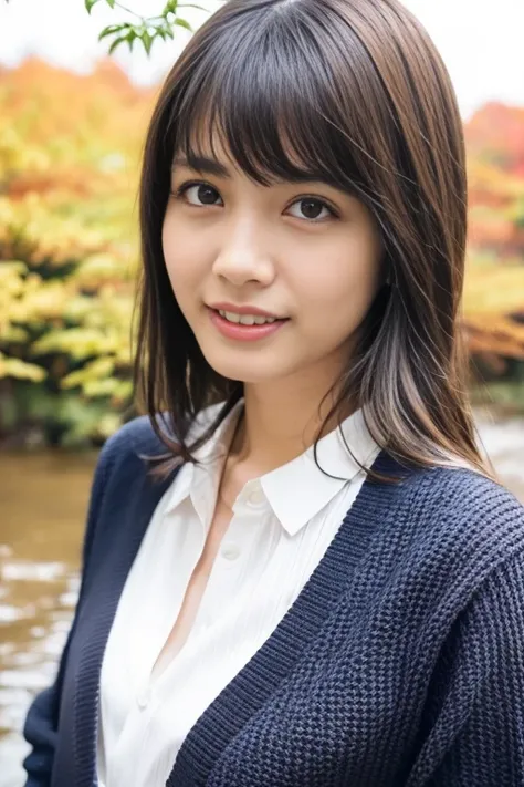1girl,(wearing a blouse and cardigan:1.2),(RAW photo, best quality), (realistic, photo-realistic:1.4), masterpiece, an extremely delicate and beautiful, extremely detailed, 2k wallpaper, Amazing, finely detail, extremely detailed CG unity 8k wallpaper, ultra-detailed, highres, soft light, beautiful detailed girl, extremely detailed eyes and face, beautiful detailed nose, beautiful detailed eyes,cinematic lighting,in a beautiful forest of pine trees at a Japanese countryside,autumn scenery,maple trees in autumn,by a small rocky river,perfect anatomy,slender body,smiling,(hair with bangs) <lora:matsudaruka_lora:0.8>