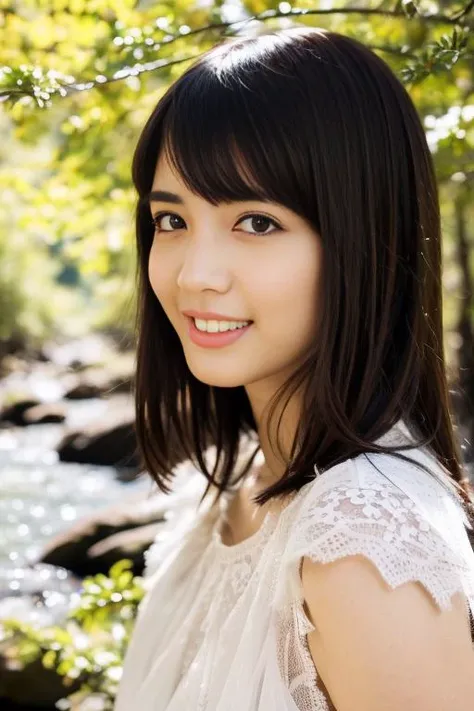 (Highest quality,masterpiece:1.3,Ultra-high resolution),(Very detailed,Caustics,8K), (Realistic:1.4, RAW shooting),(A mysterious forest, Dense teeth),wood々Sunlight shining through ,Light pours down,20-year-old,cute,Are standing,(smile),Looking into the camera,Black hair medium hair,(Crimson Dress), (Waist up shot),Low position,Low Angle,(Face Focus),(Face close-up),Natural light