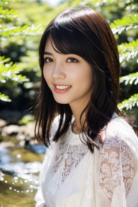 1girl,(wearing a beautiful dress:1.2),(RAW photo, best quality), (realistic, photo-realistic:1.4), masterpiece, an extremely delicate and beautiful, extremely detailed, 2k wallpaper, Amazing, finely detail, extremely detailed CG unity 8k wallpaper, ultra-detailed, highres, soft light, beautiful detailed girl, extremely detailed eyes and face, beautiful detailed nose, beautiful detailed eyes,cinematic lighting,in a beautiful forest of pine trees at a Japanese countryside,autumn scenery,maple trees in autumn,by a small rocky river,perfect anatomy,slender body,smiling,(hair with bangs) <lora:matsudaruka_lora:0.8>