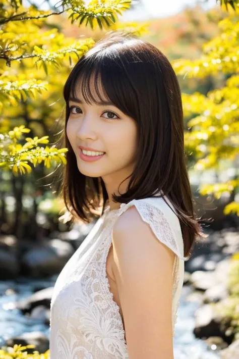 1girl,(wearing a beautiful dress:1.2),(RAW photo, best quality), (realistic, photo-realistic:1.4), masterpiece, an extremely delicate and beautiful, extremely detailed, 2k wallpaper, Amazing, finely detail, extremely detailed CG unity 8k wallpaper, ultra-detailed, highres, soft light, beautiful detailed girl, extremely detailed eyes and face, beautiful detailed nose, beautiful detailed eyes,cinematic lighting,in a beautiful forest of pine trees at a Japanese countryside,autumn scenery,maple trees in autumn,by a small rocky river,perfect anatomy,slender body,smiling,(hair with bangs) <lora:matsudaruka_lora:0.8>