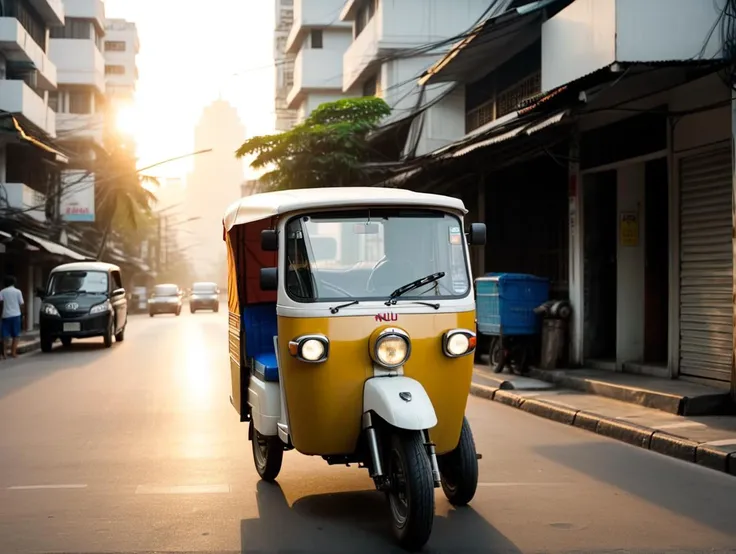 cinematic still, tuk tuk on street in bangkok, at sunrise
, By MUJI <lora:muji_v1.1_XL:0.8>