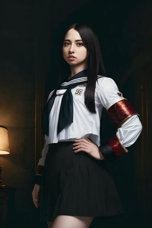 a baroque oil painting of a kanonag, wearing white sailor uniform with a red armband, long eyelashes, in a dark room, upper body shot, , 1 girl, baroque style painting, strong contrasting colors, strong shadows on face, , hard shadows, petite woman, skinny, short skirt
absurdres, RAW photo, best quality, beautiful composition, coherent
best quality, ultra high res, masterpiece, extremely detailed, 8k wallpaper, cinematic lighting,