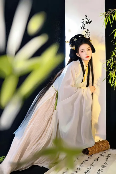 ray tracing, glass-like sparkling eyes are blurry and dreamy,
hair ornament, long hair, hanfu beauty,
Chinese aesthetics, with a black background, a young girl wearing a white long sleeved Hanfu lying on her side on an extremely long white painting scroll. (Chinese bun, elegant posture, bamboo pattern in ink painting on Hanfu). (The extremely long and wide ancient Chinese painting scroll unfolds, with black Chinese calligraphy text on the white paper surface). The oil paper umbrella is placed to one side, and (willow leaves draw a beautiful trajectory in front of the camera). Under the beautiful dark stones, there is a pile of withered leaves. A gentle white light shines from the side, forming a very soft and beautiful light shadow and edge light on the girl's body. (Soft light) Effect), Eastern aesthetics, martial arts, ancient style photography,
backlighting, from below, wide shot, dutch angle,full body shot, hazy, fog, depth of field, soft,stunning colors,light particles,exquisite facial features,