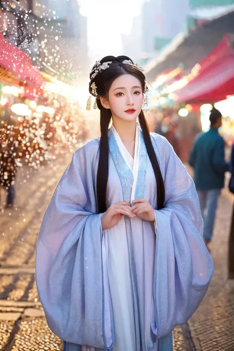 ray tracing, glass-like sparkling eyes are blurry and dreamy,
hair ornament, long hair, hanfu beauty,
In the bustling marketplace, a young girl wears a Tang dynasty-style bijia, with a standing collar that conveys dignity and subtlety. The liveliness of the market complements the refinement of the bijia, forming a lively scene of urban life.
backlighting, low angle shot, from below, wide shot, dutch angle, full body shot, hazy, fog, depth of field, soft,stunning colors,light particles,exquisite facial features,
