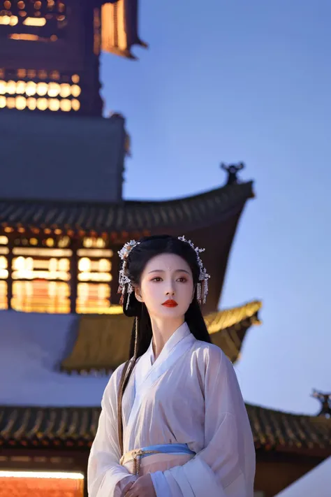 ray tracing, glass-like sparkling eyes are blurry and dreamy,
hair ornament, long hair, hanfu beauty,
Beneath an ancient pagoda, a woman wears a dujin shan from the Qin and Han dynasties, its half sleeves appearing particularly elegant in the shadow of the ancient pagoda. The vicissitudes of the old pagoda contrast with her classical beauty, forming a picture where history and modernity blend.
backlighting, low angle shot, from below, wide shot, dutch angle, hazy, fog, depth of field, soft,stunning colors,light particles,exquisite facial features,