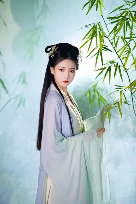 ray tracing, glass-like sparkling eyes are blurry and dreamy,
hair ornament, long hair, hanfu beauty,
On the bamboo-lined path at dawn, a woman wears a round-collared shan from the Song dynasty, the bufu style harmonizes with the verdant green of the bamboo leaves, giving a fresh and refined feeling.
backlighting, low angle shot, from below, wide shot, dutch angle, hazy, fog, depth of field, soft,stunning colors,light particles,exquisite facial features,