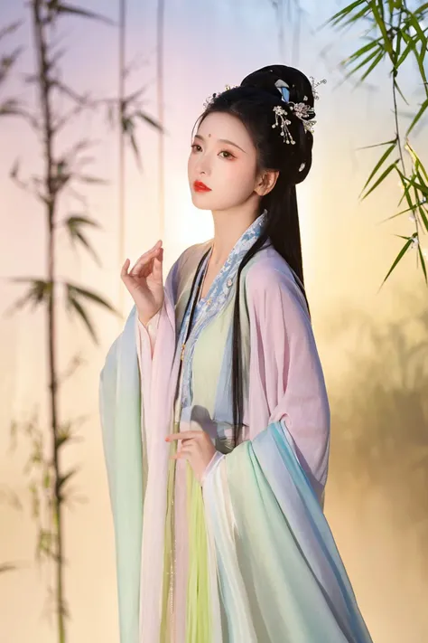 ray tracing, glass-like sparkling eyes are blurry and dreamy,
hair ornament, long hair, hanfu beauty,
On the bamboo-lined path at dawn, a woman wears a round-collared shan from the Song dynasty, the bufu style harmonizes with the verdant green of the bamboo leaves, giving a fresh and refined feeling.
backlighting, low angle shot, from below, wide shot, dutch angle, hazy, fog, depth of field, soft,stunning colors,light particles,exquisite facial features,