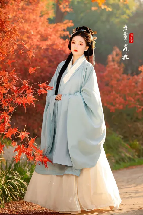 ray tracing, glass-like sparkling eyes are blurry and dreamy,
hair ornament, long hair, hanfu beauty,
On the maple-lined path of an autumn day, a woman wears a daopao robe from the Ming dynasty, the cross-collared shan design flutters in the wind, contrasting sharply with the red of the maple leaves, revealing a poetic essence of autumn.
backlighting, low angle shot, from below, wide shot, dutch angle, full body shot, hazy, fog, depth of field, soft,stunning colors,light particles,exquisite facial features,