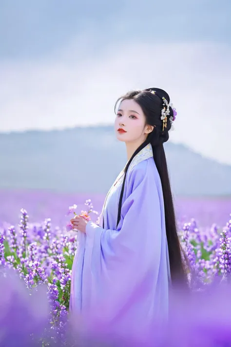 ray tracing, glass-like sparkling eyes are blurry and dreamy,
hair ornament, long hair, hanfu beauty,
In a quiet valley, a woman wears a bufu from the Song dynasty, the round-collared shan gently swaying in the breeze. The valley blooms with a sea of flowers, and her presence adds a touch of fairy-like grace to this floral expanse.
backlighting, low angle shot, from below, wide shot, dutch angle,full body shot, hazy, fog, depth of field, soft,stunning colors,light particles,exquisite facial features,