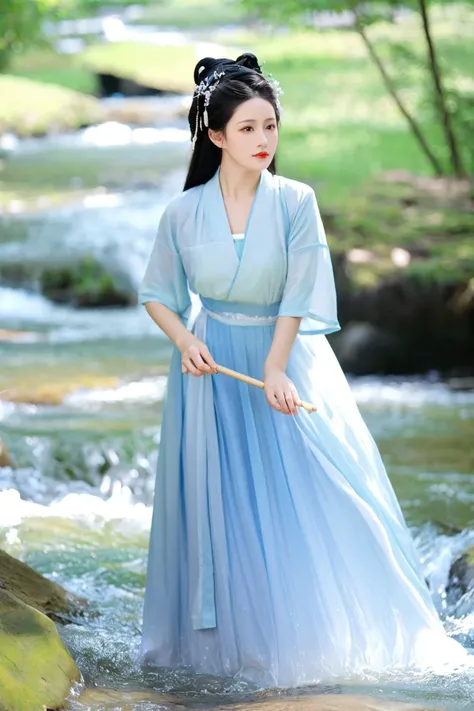 ray tracing, glass-like sparkling eyes are blurry and dreamy,
hair ornament, long hair, hanfu beauty,
By the mountain stream, a woman wears a dujin shan from the Qin and Han dynasties, the half sleeves gently swaying in the stream breeze, as she plays with the cool water barefoot, forming a harmonious natural scene with the freshness of the stream and the tranquility of the woods.
backlighting, low angle shot, from below, wide shot, dutch angle,full body shot, hazy, fog, depth of field, soft,stunning colors,light particles,exquisite facial features,