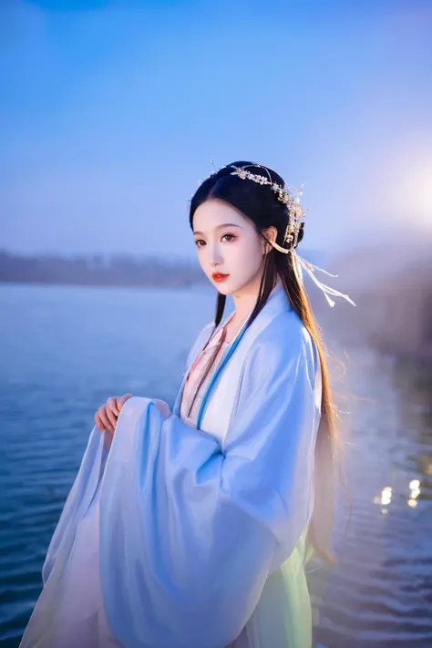 ray tracing, glass-like sparkling eyes are blurry and dreamy,
hair ornament, long hair, hanfu beauty,
By the lakeside with rippling blue waves, a woman wears a quju robe from the Song dynasty, its round-collared shan gently swaying in the lake breeze. The shimmering surface of the lake complements her gentle demeanor, forming a tranquil lakeside scene.
backlighting, low angle shot, from below, wide shot, dutch angle, hazy, fog, depth of field, soft,stunning colors,light particles,exquisite facial features,