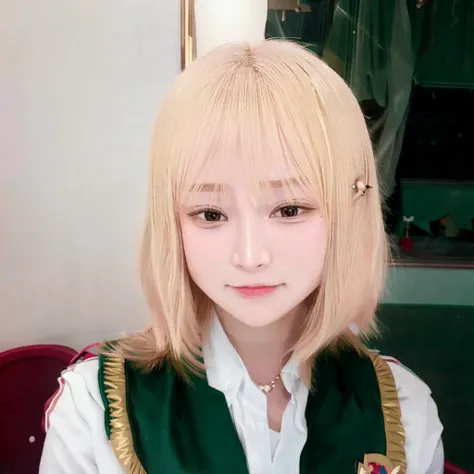 1girl <lora:halu:1> <lora:koreanDollLikeness_v10:1>(8k, RAW photo, best quality, masterpiece:1.2), (realistic, photo-realistic:1.37),<lora:koreanDollLikeness_v10:0.5> ,1girl,(Kpop idol), (aegyo sal:1),cute, professional lighting, photon mapping, radiosity, physically-based rendering,Green hairpins at sideburns,Japanese-style school uniform,Long golden eyelashes,koharu hidaka,master pieces,look at viewer,blonde hair,Real photos