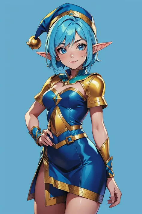 score_9, score_8_up, score_7_up, 1girl, solo, princessmandie, yellow skin, pointy ears, antennae, makeup, bare shoulders, earrings, skirt, dress, blue gloves, cleavage, armband, thigh strap, knee boots, depth of field, looking at viewer