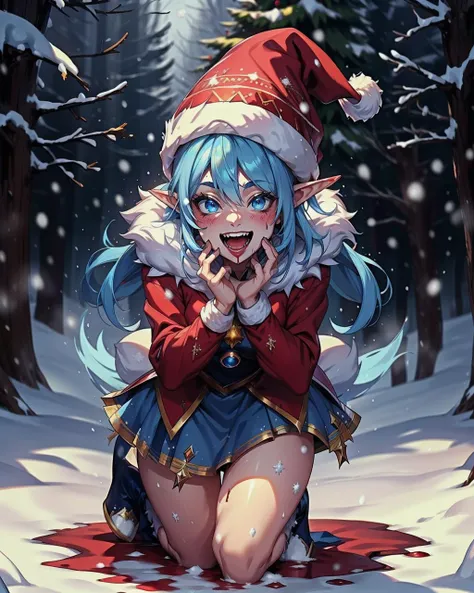 ((blue:1.2 theme)), blue hat, sapphire aura, snowing, blue background, action shot, elf blue hair, laughing, crazy eyes, azure clothing, fur lined skirt, high quality, high detail, 8k, highres, <lora:Meme_YellowSanta:0.7> yellowsanta, ((bloody snow)) <lora:Theme_BloodMagic-20:0.8> aura, bloodmagic