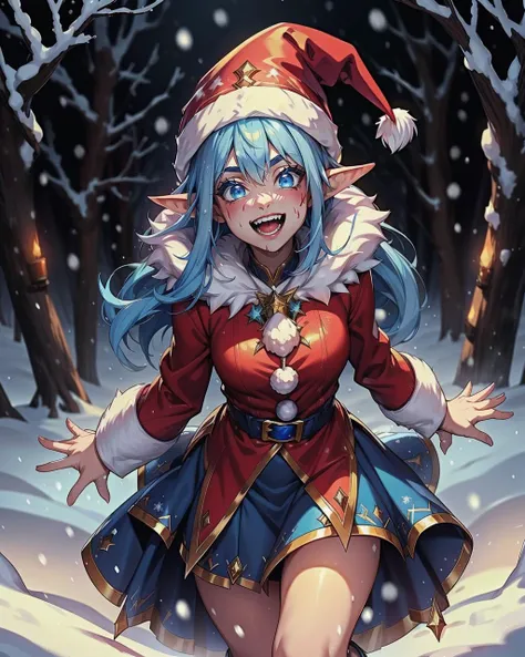 ((blue:1.2 theme)), blue hat, sapphire aura, snowing, blue background, action shot, elf blue hair, laughing, crazy eyes, azure clothing, fur lined skirt, high quality, high detail, 8k, highres, <lora:Meme_YellowSanta:0.7> yellowsanta, ((bloody snow)) <lora:Theme_BloodMagic-20:0.8> aura, bloodmagic