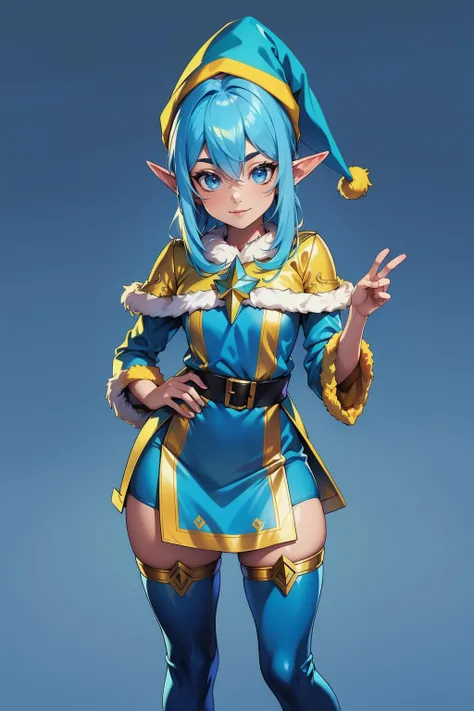 ((blue:1.2 theme)), blue background, elf blue hair, azure clothing, high quality, high detail, 8k, highres, <lora:Meme_YellowSanta:0.7> yellowsanta